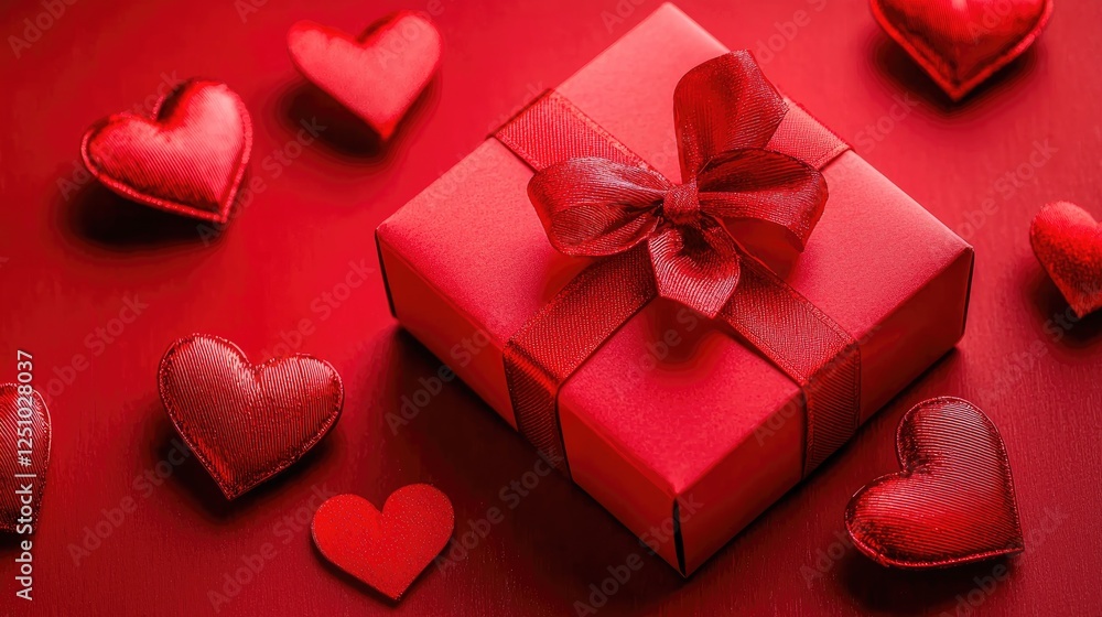 Romantic Gift Box Surrounded by Red Hearts on a Red Background Romantic Gift Box Surrounded by Red Hearts on a Red Background