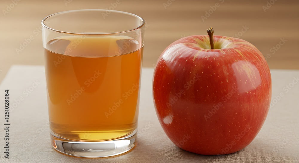 A glass of freshly squeezed apple juice next to a whole apple. A glass of freshly squeezed apple juice next to a whole apple.