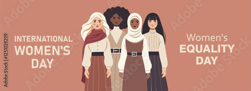Women's Day, Equality Day. Women of different cultures, nationalities and skin colors stand together. Illustration with space for text. Movements for gender equality and women's empowerment