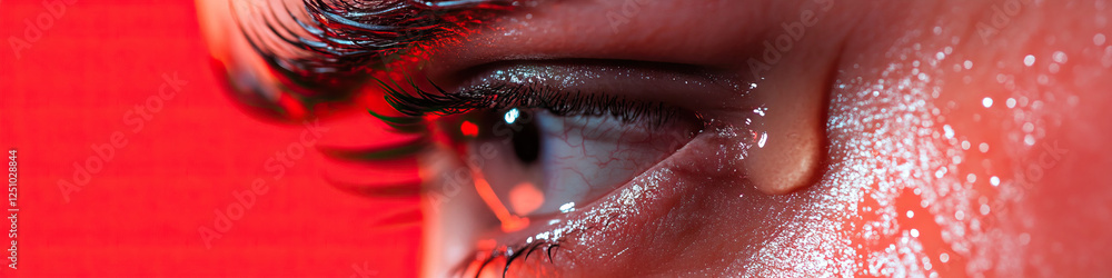 Fototapeta premium Close-up of a Woman's Eye with Tear and Glitter Makeup