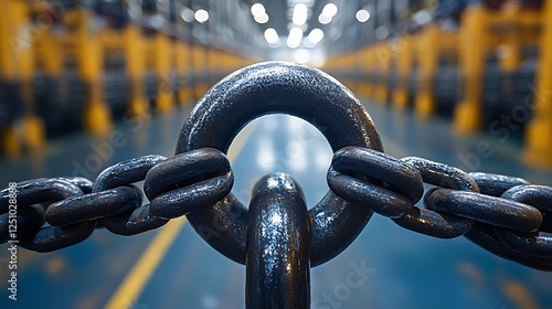 Supply chain crisis symbolized by unbreakable metal chain barring entry to storage facility