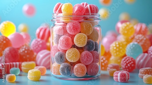 Colorful assortment of gummy candies in a jar with scattered sweets around