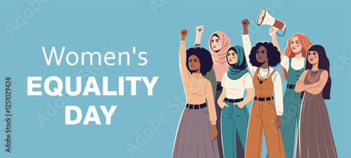 Equality Day, March 8. Women of different cultures, nationalities and skin colors stand together. Movements for gender equality and women's empowerment. Illustration for women's holidays, projects