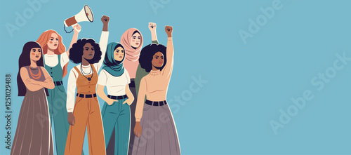  Equality Day, March 8. Women of different cultures, nationalities and skin colors stand together. Movements for gender equality and women's empowerment. Horizontal illustration for women's holidays