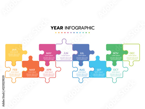 Infographic template for business. Concept with 12 pieces of a puzzle or 12 months, 4 quarter steps vector infographic.