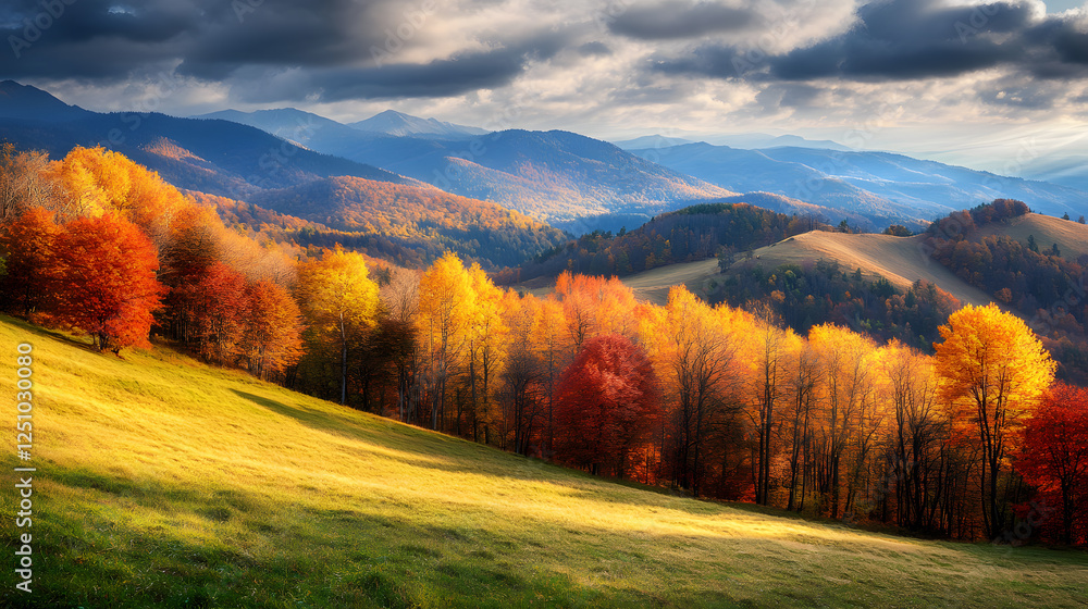 Majestic Autumnal Mountain Landscape with Golden and Red Trees Majestic Autumnal Mountain Landscape with Golden and Red Trees