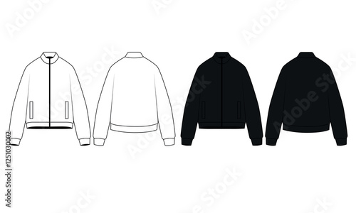 Collection of vector illustrations of white and black zipper jacket, front and back view. Sketch of fashionable bomber oversize jacket. Technical drawing of outerwear for sports and casual wear.