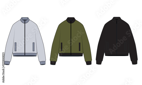 Collection of vector illustrations of zipper jacket in gray, green, black colors. Sketch of stylish bomber jacket oversize. Technical drawing of outerwear for sports and casual wear.