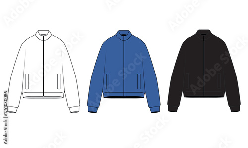 Set of vector illustrations of windbreaker jacket with zipper in white, blue, black colors. Sketch of basic bomber oversize jacket. Technical drawing of outerwear for sports and casual wear.