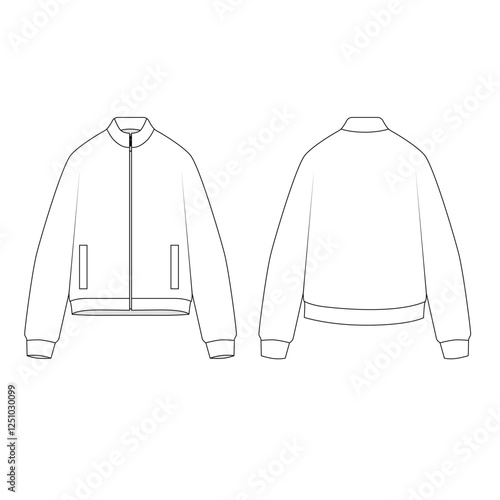 Vector illustration of zipper jacket, front and back view. Sketch of fashionable oversize bomber jacket with pockets. Outline drawing of outerwear for sports and casual wear, unisex.