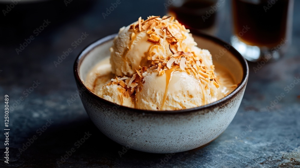 A rich and creamy Vietnamese coconut coffee ice cream topped with toasted coconut flakes, served with a bold iced coffee for a perfect fusion dessert A rich and creamy Vietnamese coconut coffee ice cream topped with toasted coconut flakes, served with a bold iced coffee for a perfect fusion dessert
