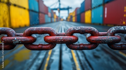 Blocked transportation route with steel chain restricting movement of shipping containers photo