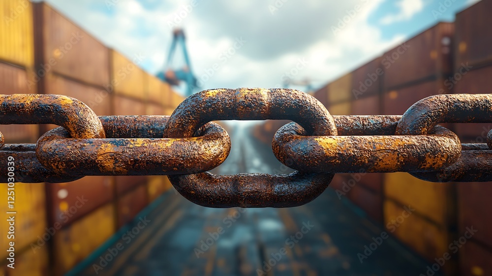 Cargo terminal security concept featuring thick iron chain across storage yard entry Cargo terminal security concept featuring thick iron chain across storage yard entry