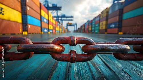 Economic restriction symbolized by heavy duty chain blocking trade shipment containers