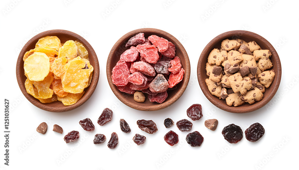 Cookies and freeze dried fruits isolated on white, top view Cookies and freeze dried fruits isolated on white, top view