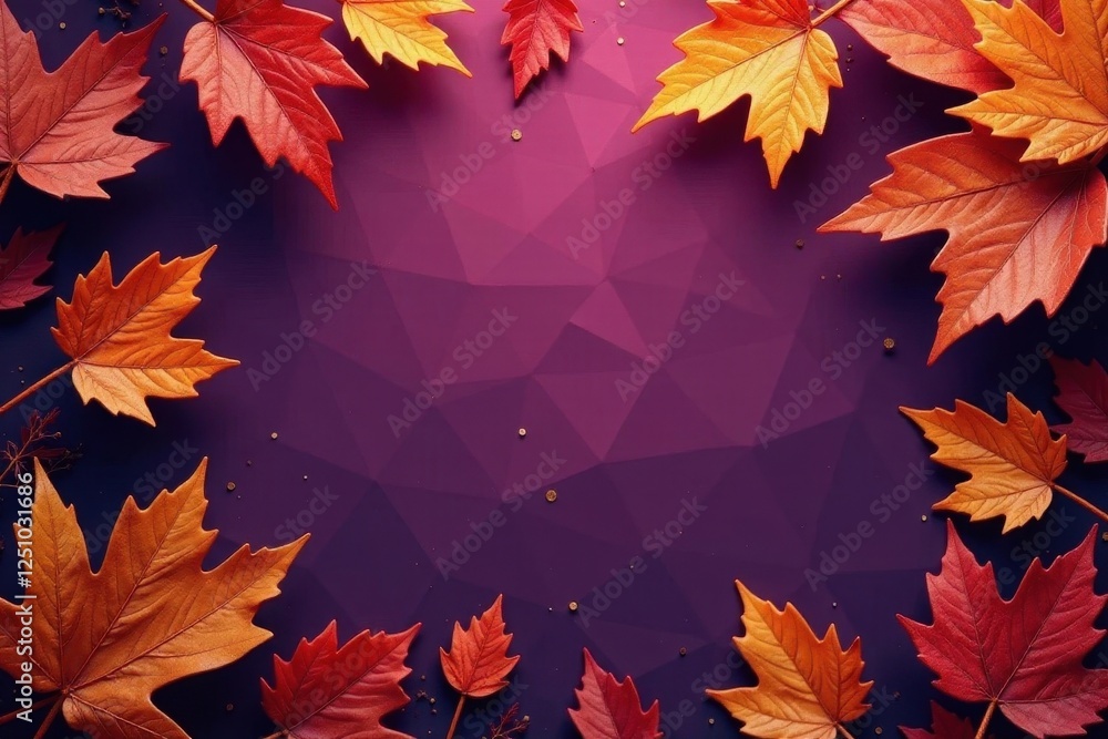 Dry orange metallic leaves, violet backdrop Geometric autumnal design , image, metallic, violet background Dry orange metallic leaves, violet backdrop Geometric autumnal design , image, metallic, violet background