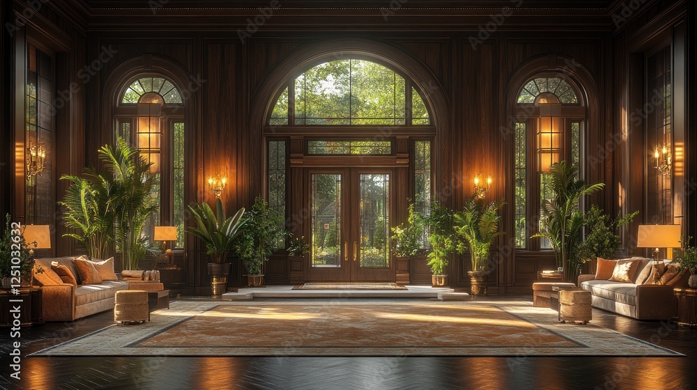Obraz premium Luxurious mansion foyer, sunlight, plants, calm. Interior design, home staging