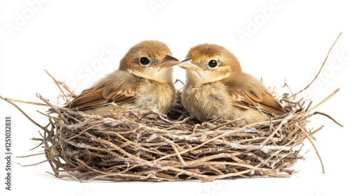 Two Baby Birds Nestled Together in a Bird s Nest on White Background photo