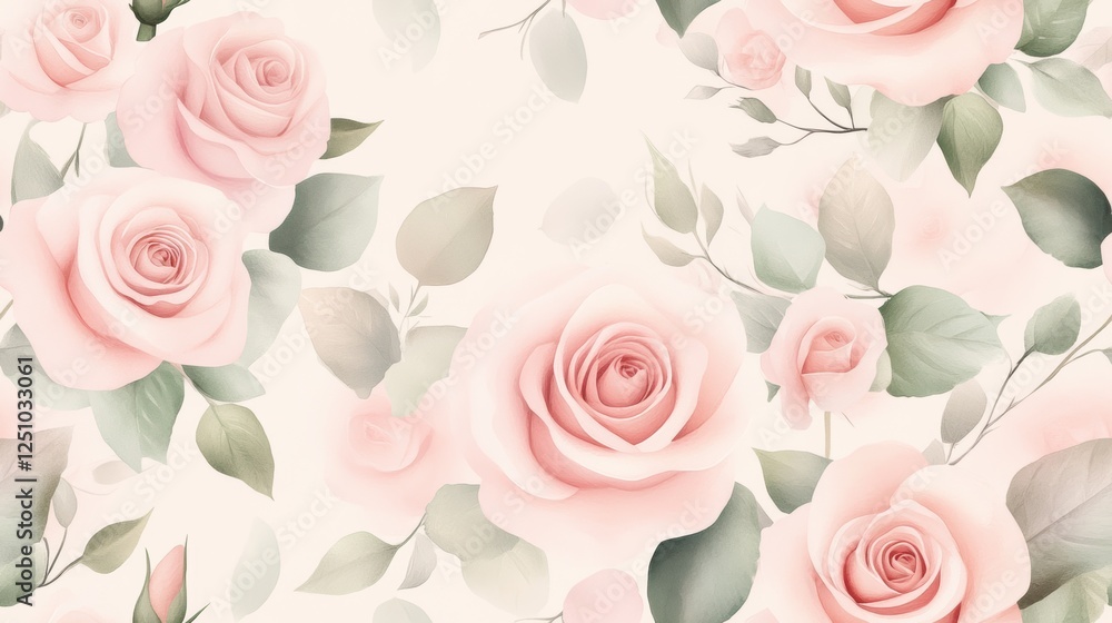 Fototapeta premium Delicate pink roses and verdant foliage intertwining in seamless pattern, expressing soft feminine aesthetic for design projects
