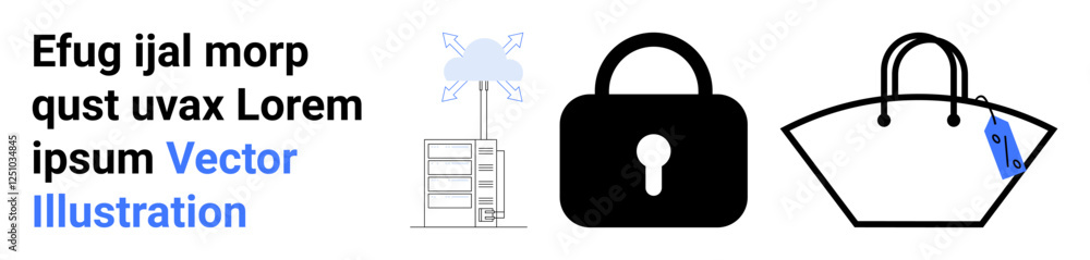 Wind turbine, data servers, padlock icon, and shopping bag with a tag. Ideal for cybersecurity, renewable energy, e-commerce, data storage, privacy finance technology website flat landing page Wind turbine, data servers, padlock icon, and shopping bag with a tag. Ideal for cybersecurity, renewable energy, e-commerce, data storage, privacy finance technology website flat landing page