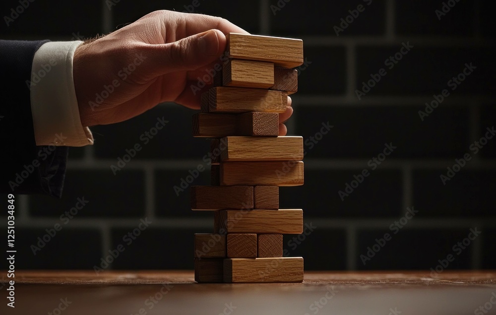 A close up of a hand carefully stacking wooden building blocks, symbolizing strategy and focus in a game The warm colors create an inviting atmosphere A close up of a hand carefully stacking wooden building blocks, symbolizing strategy and focus in a game The warm colors create an inviting atmosphere