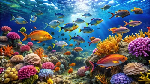A vibrant and colorful underwater scene with schools of fish swimming in front of coral reefs and seaweed swaying gently, aquatic scene, coral reef, tropical waters, sea creatures
