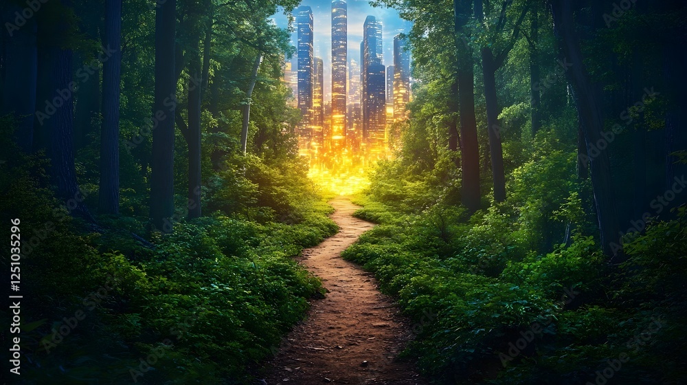 Fototapeta premium Overgrown Forest Path Leading to Glowing Futuristic Cityscape in the Distance