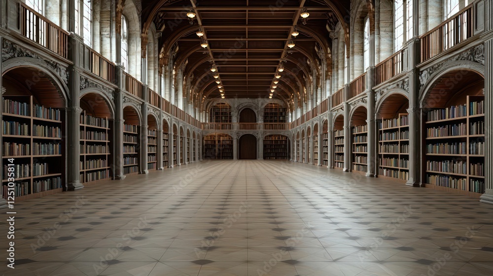 Empty Grand Library Hall With Wooden Bookshelves And High Ceiling Empty Grand Library Hall With Wooden Bookshelves And High Ceiling