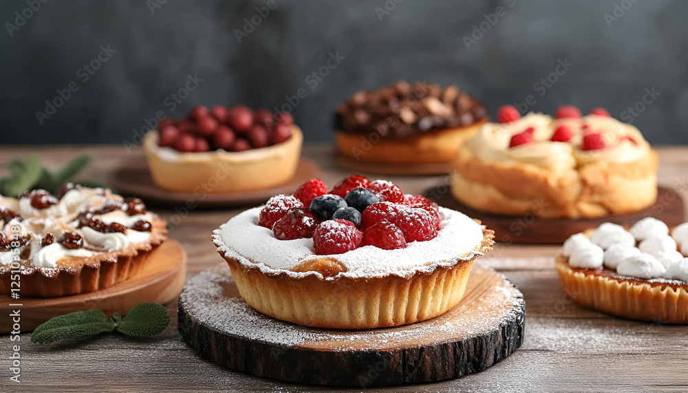 Different tasty freshly baked pastries on wooden table, space for text Different tasty freshly baked pastries on wooden table, space for text