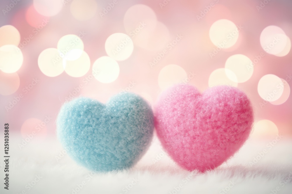 Two Fuzzy Hearts in Pastel Pink and Blue on Snowy Background with Bokeh Lights Two Fuzzy Hearts in Pastel Pink and Blue on Snowy Background with Bokeh Lights