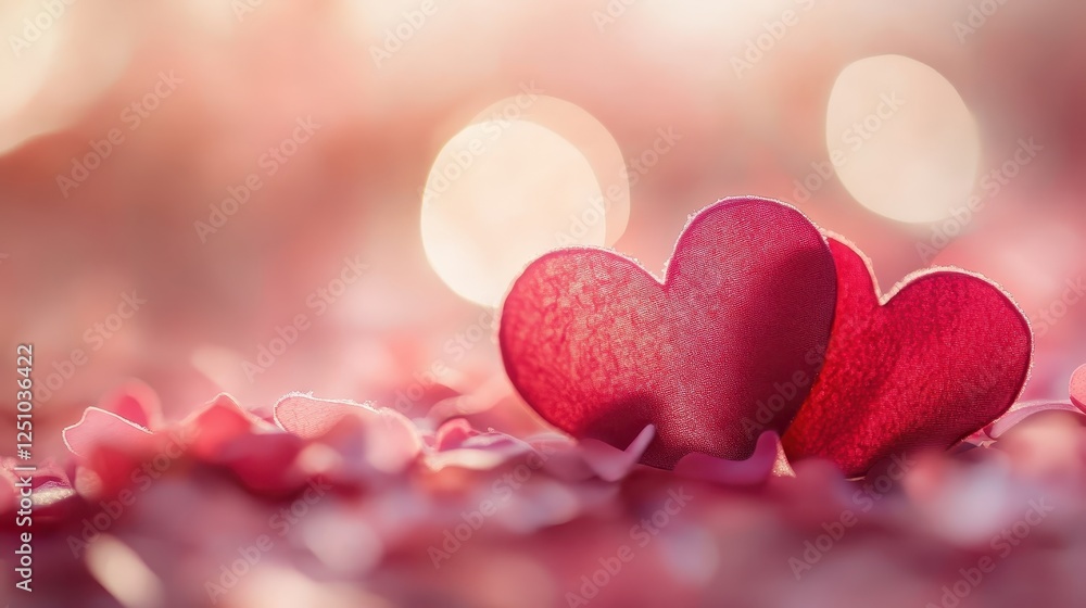 Two Red Glittery Hearts on Pink Petals Soft Romantic Background Two Red Glittery Hearts on Pink Petals Soft Romantic Background