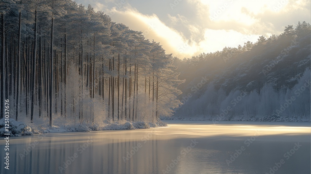 Fototapeta premium Frozen lake sunrise, snowy forest, winter calm, nature postcard