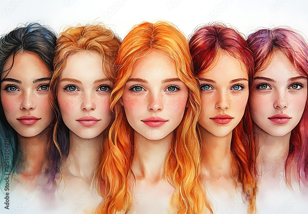 Colorful Individuals with Wavy Hair in a Lineup Colorful Individuals with Wavy Hair in a Lineup