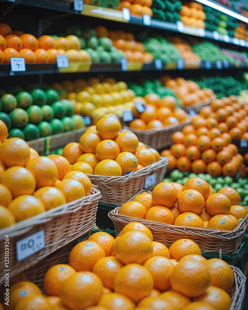 Fresh Oranges in Wicker Baskets at Grocery Store Fresh Oranges in Wicker Baskets at Grocery Store