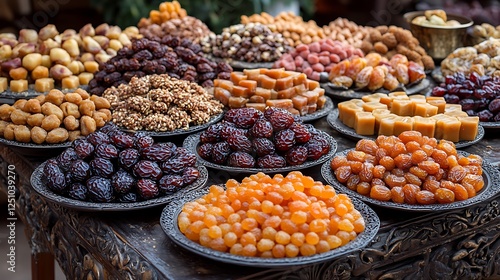 A decorative serving tray carrying a selection of mouthwatering sweets and dates in a cultural setting photo