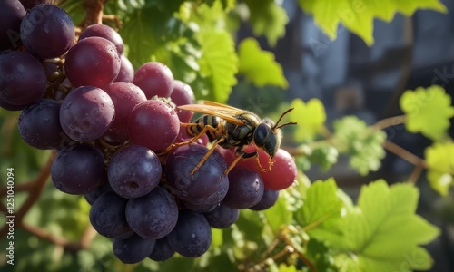 A wasp sips sweet nectar from a ripe grape on a bush, flying insect, sweetness, nectar photo