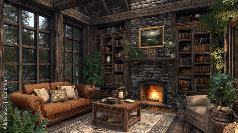 Rustic home library with fireplace, cozy armchairs, and wooden bookshelves Rustic home library with fireplace, cozy armchairs, and wooden bookshelves
