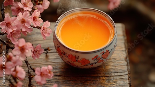 A steaming orange beverage in a decorative bowl surrounded by cherry blossoms