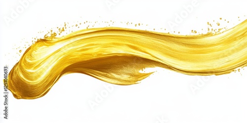 Flowing Golden Texture Vibrant Gold Paint Stroke with Brush Marks, Isolated on White Background