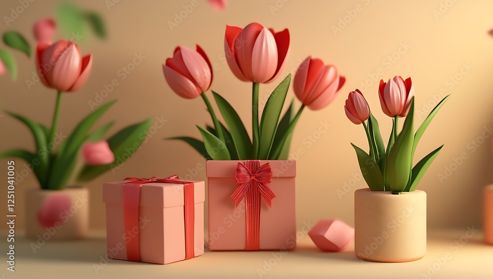 Fototapeta premium Charming Pink Tulips in Decorative Pots and Gift Boxes