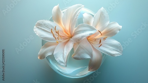Two delicate white lilies gracefully float in a clear glass bowl on a soft blue background
