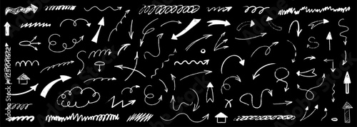 Arrow sketch with texture crayon chalk. Scribble hand drawn set arrow and underline white on black background. Underline crayon chalk set, Vector illustration