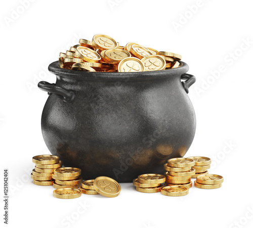 Pot full of gold coins isolated on white. St Patrick's day concept