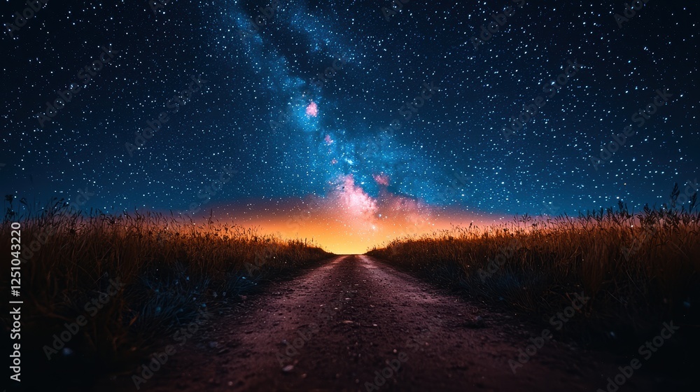 Fototapeta premium A serene road under a starry night sky with the Milky Way visible.