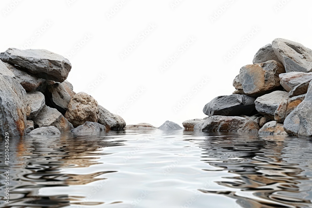 Tranquil Scene of Calm Water Between Rocky Shores with Soft Reflections Under a Bright White Sky Tranquil Scene of Calm Water Between Rocky Shores with Soft Reflections Under a Bright White Sky