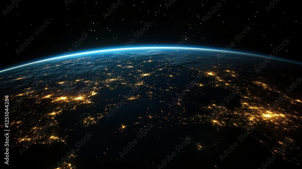 Earth at Night: A breathtaking view of Earth from space, showcasing the intricate network of city lights against the backdrop of the inky blackness of space. Earth at Night: A breathtaking view of Earth from space, showcasing the intricate network of city lights against the backdrop of the inky blackness of space.