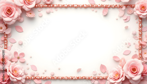 Floral frame with pink roses and petals on white background