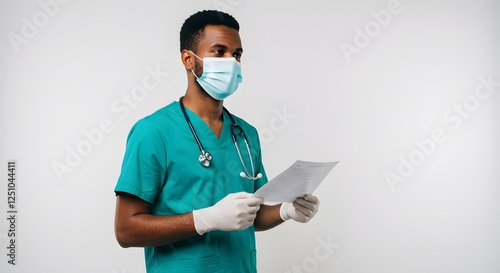 Doctor Reviewing Medical Records Wearing Mask and Gloves