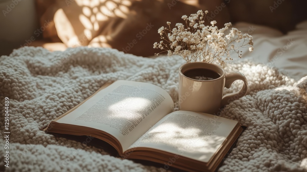 Cup of tea, book, and soft knitted blanket in cozy reading setting Cup of tea, book, and soft knitted blanket in cozy reading setting