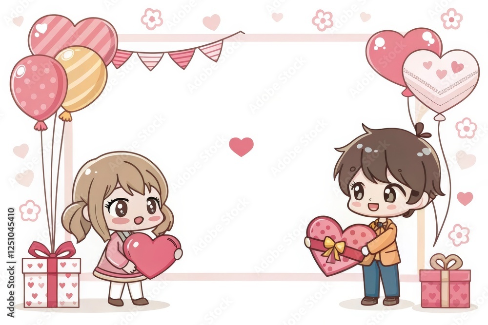 Cartoon vector illustration of a girl with a heart and a boy and girl with pink balloons, perfect for Valentine's Day or a children's love card design Cartoon vector illustration of a girl with a heart and a boy and girl with pink balloons, perfect for Valentine's Day or a children's love card design